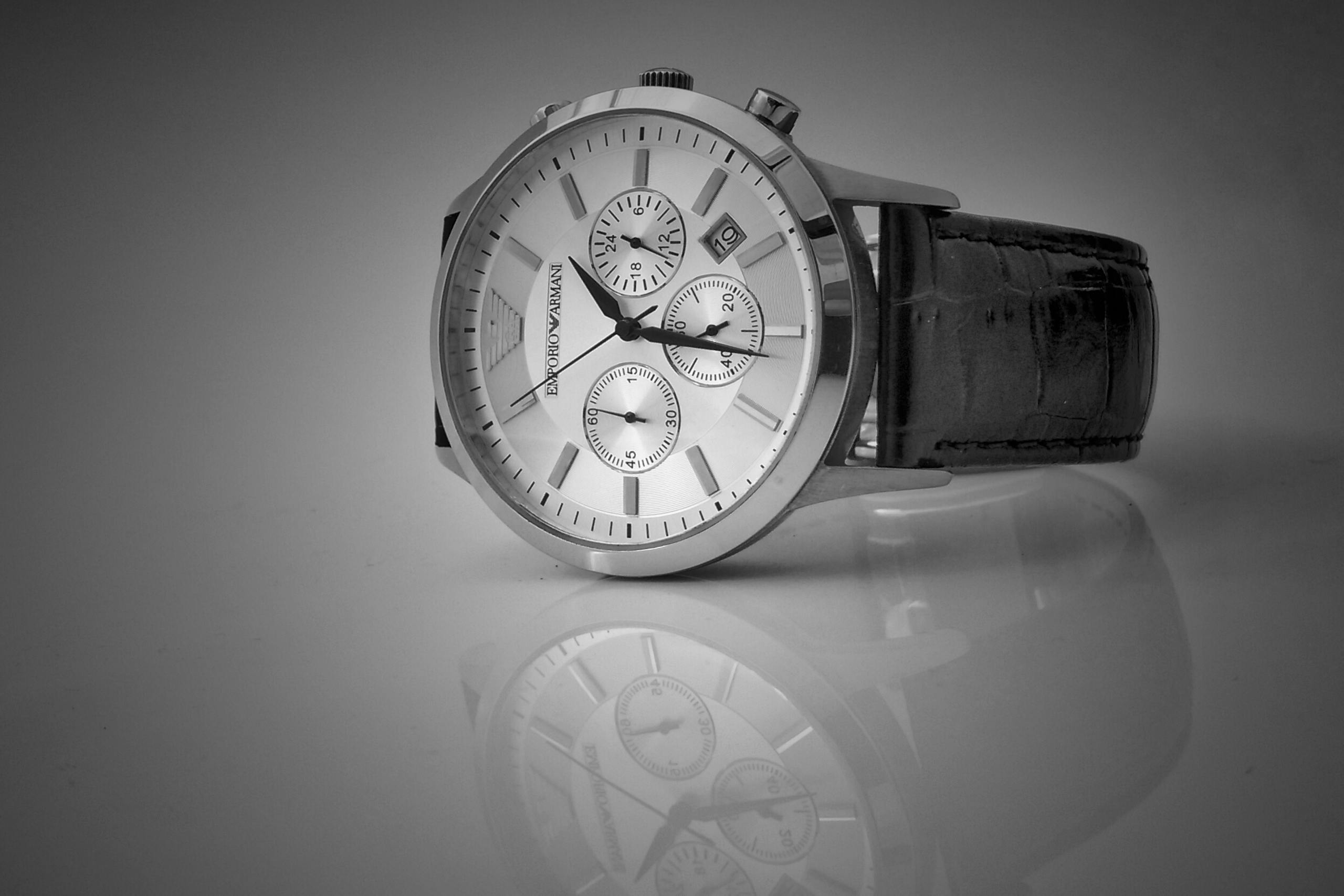 Black Leather Strap Silver Chronograph Watch